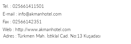 Akman Hotel telefon numaralar, faks, e-mail, posta adresi ve iletiim bilgileri